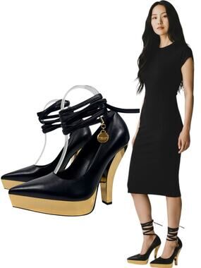 New Tom Ford Lux Nappa Leather Tie Platform Heels Black Size 37.5
